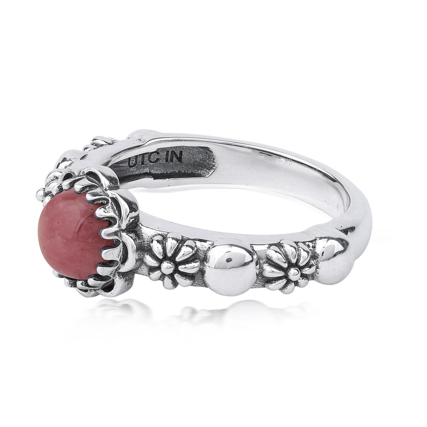  Sterling Silver Rhodonite Single Row Concha Flower Ring