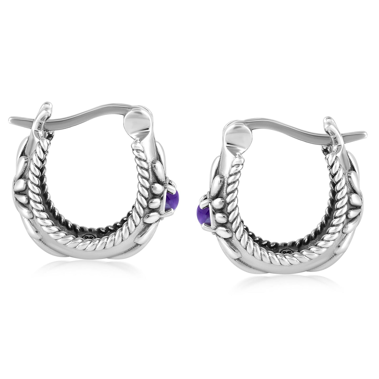 EXCLUSIVELY OURS! Sterling Silver Charoite Rope and Flower Design Hoop Earrings