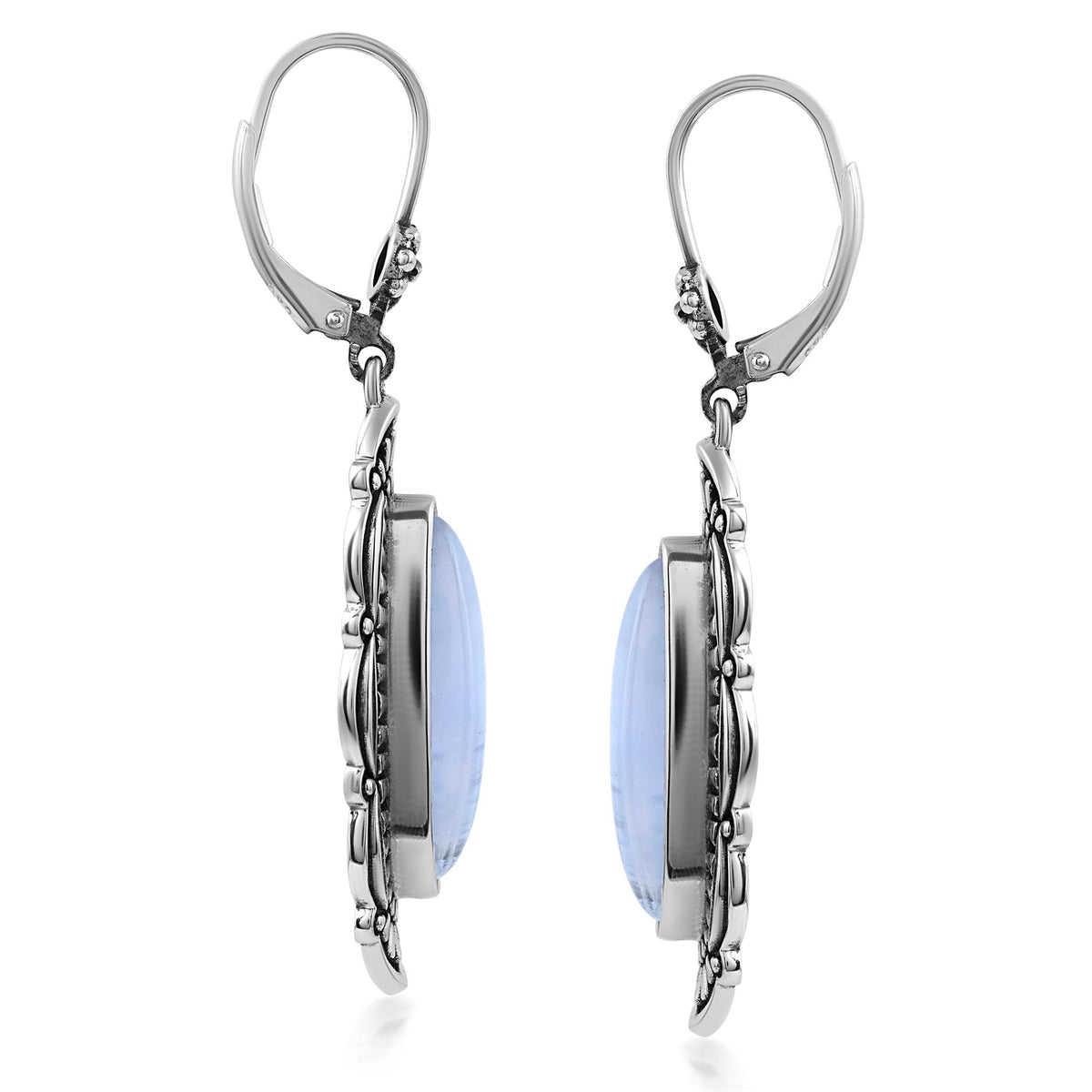 Sterling Silver Blue Lace Agate Elongated Oval Textured Lever Back Earrings 