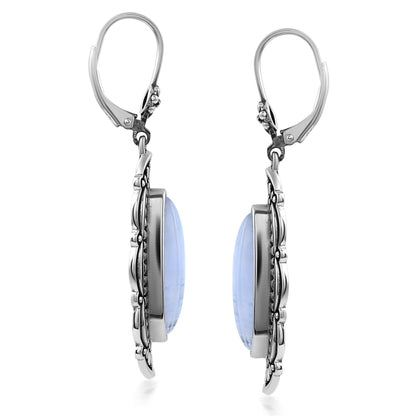 Sterling Silver Blue Lace Agate Elongated Oval Textured Lever Back Earrings 