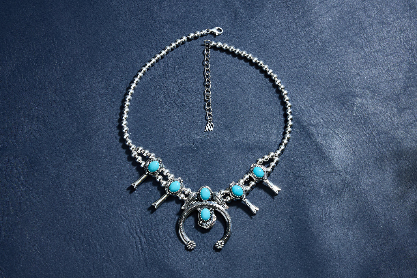 Sterling Silver Kingman Turquoise Squash Blossom Naja Necklace, 17 to 20 Inches