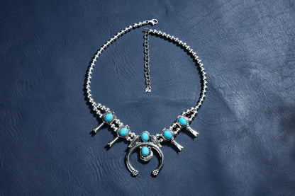 Sterling Silver Kingman Turquoise Squash Blossom Naja Necklace, 17 to 20 Inches