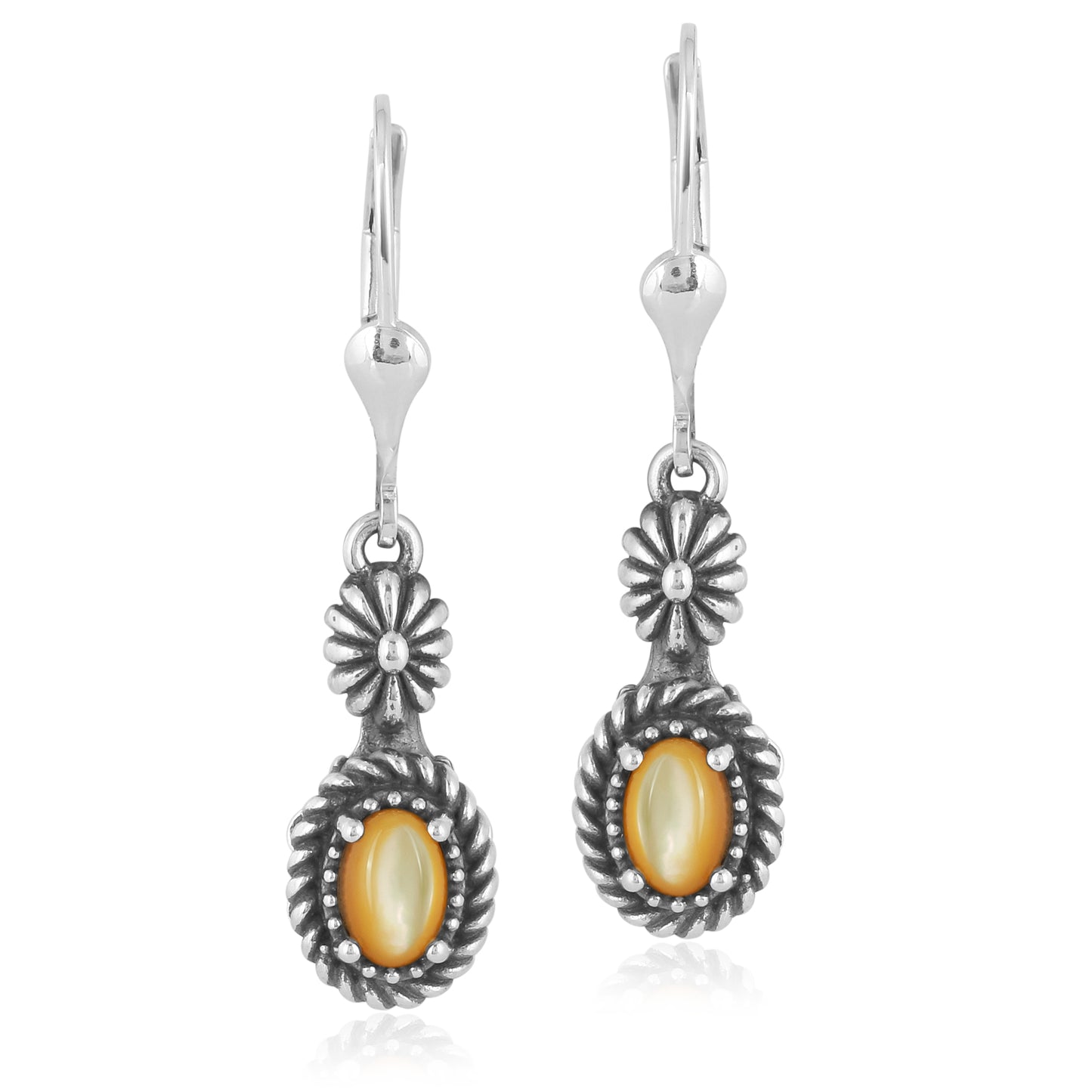 Sterling Silver White Mother of Pearl Rope & Flower Design Dangle Earrings