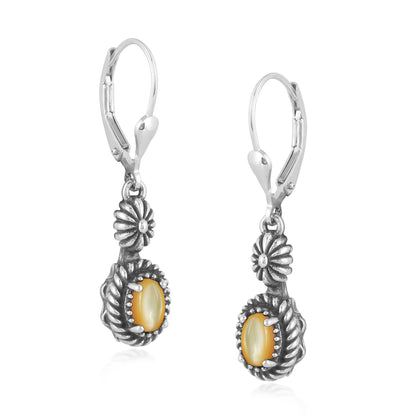 Sterling Silver Yellow Mother of Pearl Rope & Flower Design Dangle Earrings