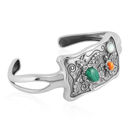 Sterling Silver Malachite, White Mother of Pearl and Orange Spiny Oyster Double Turtle Cuff Bracelet, Sizes Small and Medium