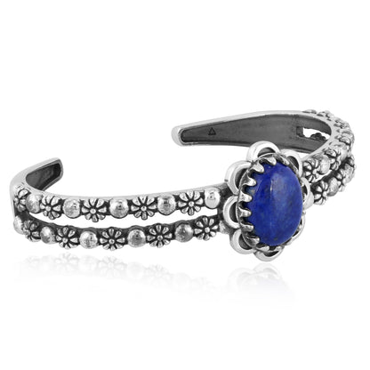 Southwestern Lapis Wildflower Sterling Silver Double Row Cuff Bracelet, Sizes Small- Large