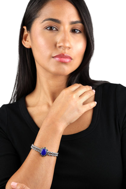 Southwestern Lapis Wildflower Sterling Silver Double Row Cuff Bracelet, Sizes Small- Large