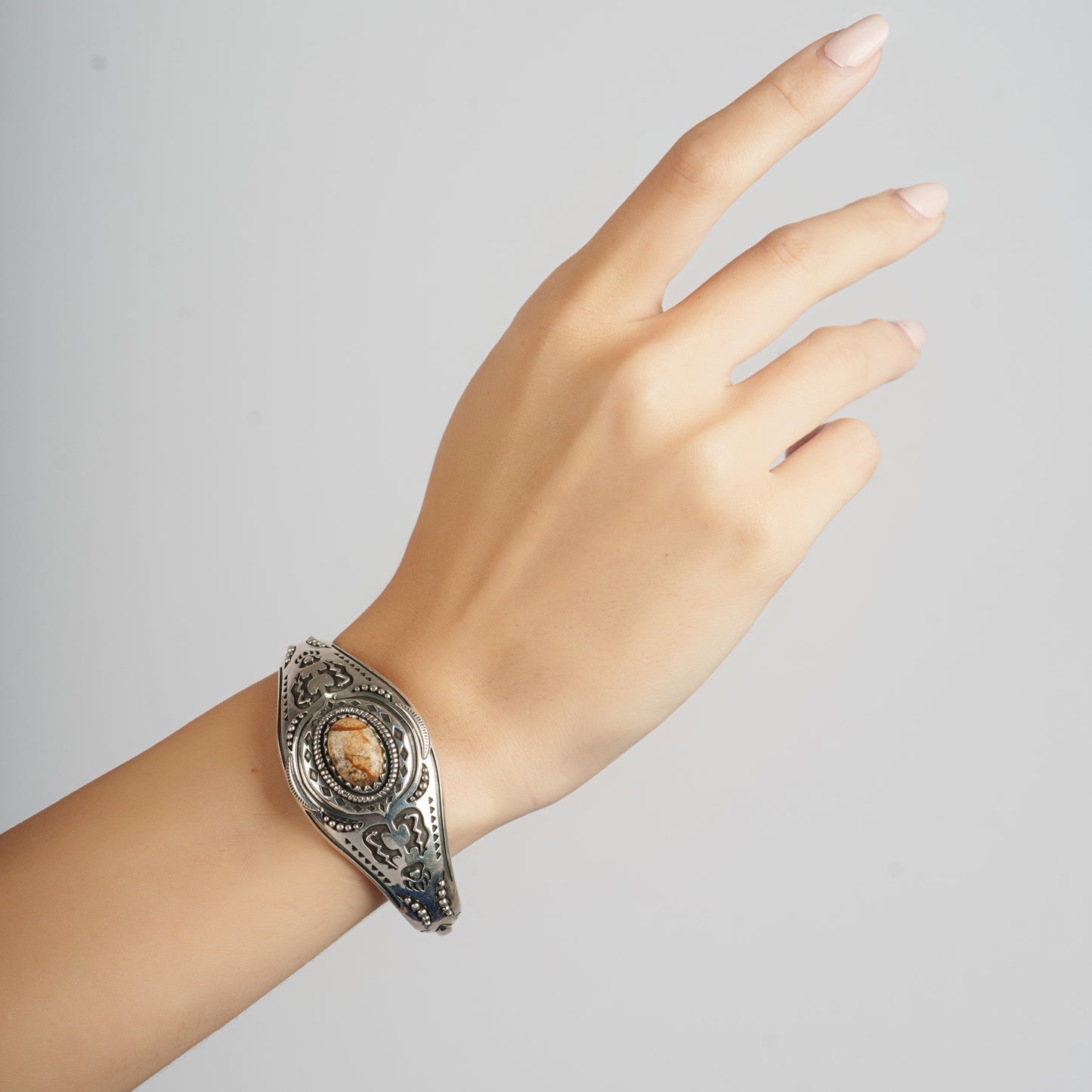 Sterling Silver Picture Jasper Oval Cut Bear Cuff Bracelet, Sizes Small to Large