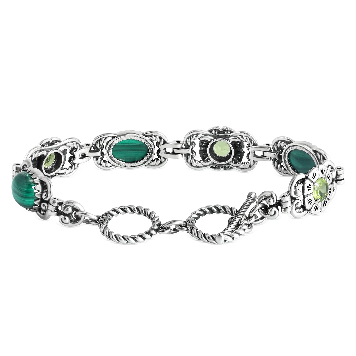 Sterling Silver Malachite and Peridot Concha Link Bracelet, Size Small to Large