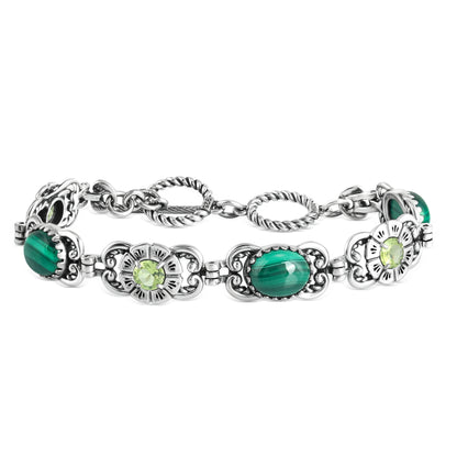 Sterling Silver Malachite Peridot Concha Link Bracelet