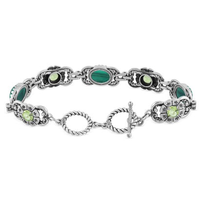 Sterling Silver Malachite and Peridot Concha Link Bracelet, Size Small to Large