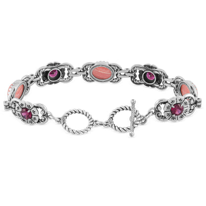 Sterling Silver Rhodochrosite and Rhodolite Garnet Concha Link Bracelet, Sizes Small to Large