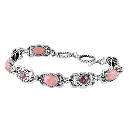 Sterling Silver Rhodochrosite and Rhodolite Garnet Concha Link Bracelet, Sizes Small to Large