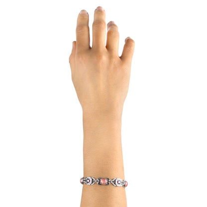 Sterling Silver Rhodochrosite and Red Garnet Concha Link Bracelet, Sizes Small to Large