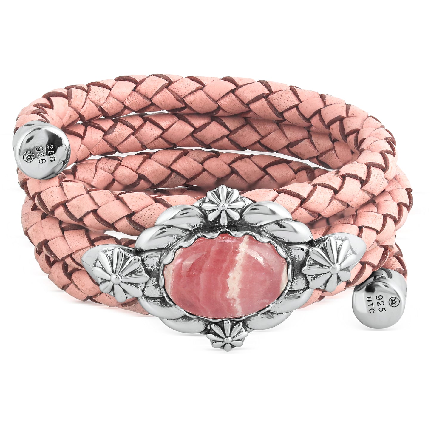 EXCLUSIVELY OURS! Sterling Silver Rhodochrosite Pink Braided Leather Coil Wrap Bracelet, 24 Inches