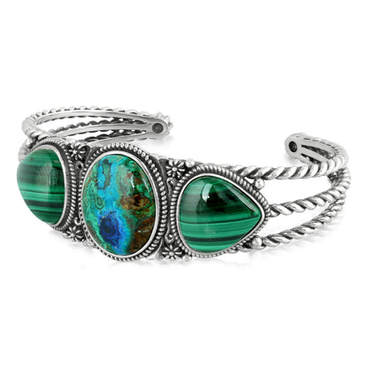 Sterling Silver Azurite and Malachite Trillion Cuff Bracelet, Size Large