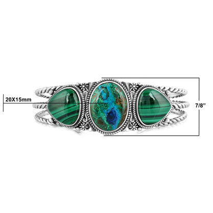Sterling Silver Azurite and Malachite Trillion Cuff Bracelet, Size Large