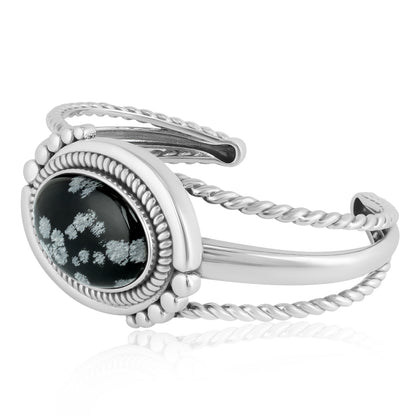 Sterling Silver Snowflake Obsidian Bold Oval Rope Cuff Bracelet, Size Medium to Large