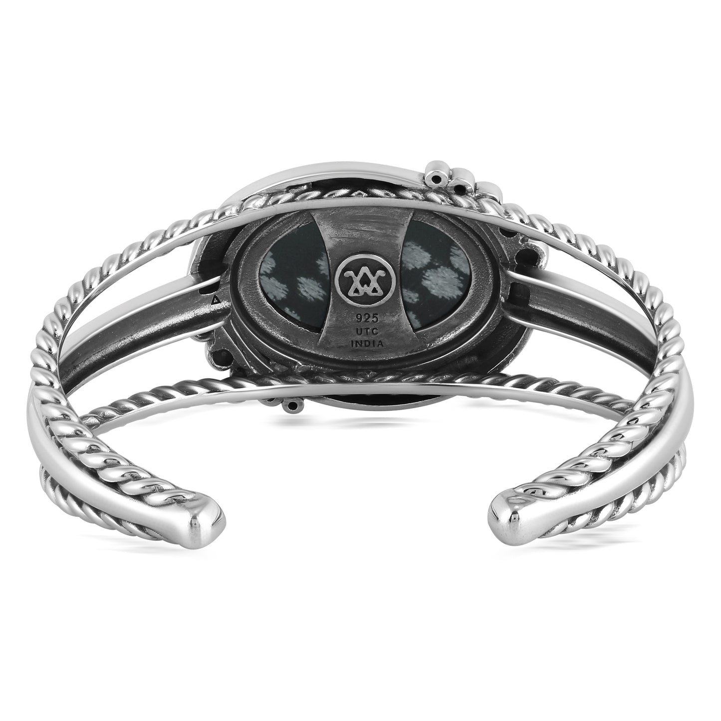 Sterling Silver Snowflake Obsidian Bold Oval Rope Cuff Bracelet, Size Medium to Large