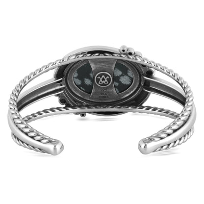 Sterling Silver Snowflake Obsidian Bold Oval Rope Cuff Bracelet, Size Medium to Large