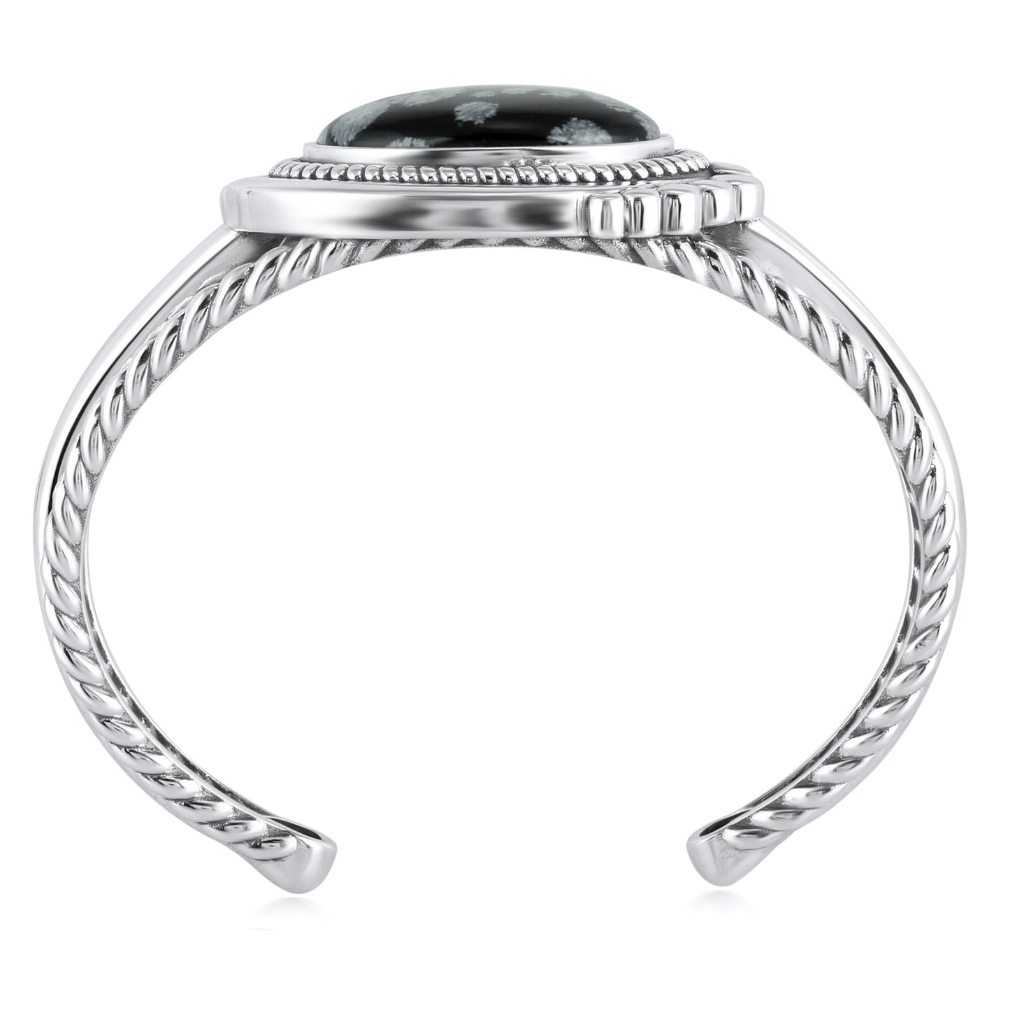 Sterling Silver Snowflake Obsidian Bold Oval Rope Cuff Bracelet, Size Medium to Large