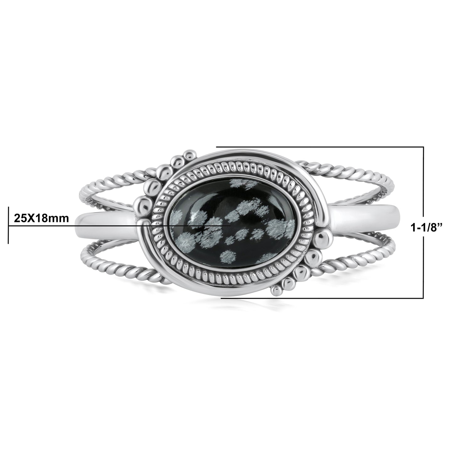 Sterling Silver Snowflake Obsidian Bold Oval Rope Cuff Bracelet, Size Medium to Large