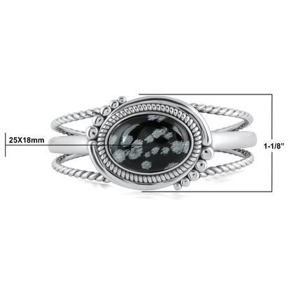 Sterling Silver Snowflake Obsidian Bold Oval Rope Cuff Bracelet, Size Medium to Large