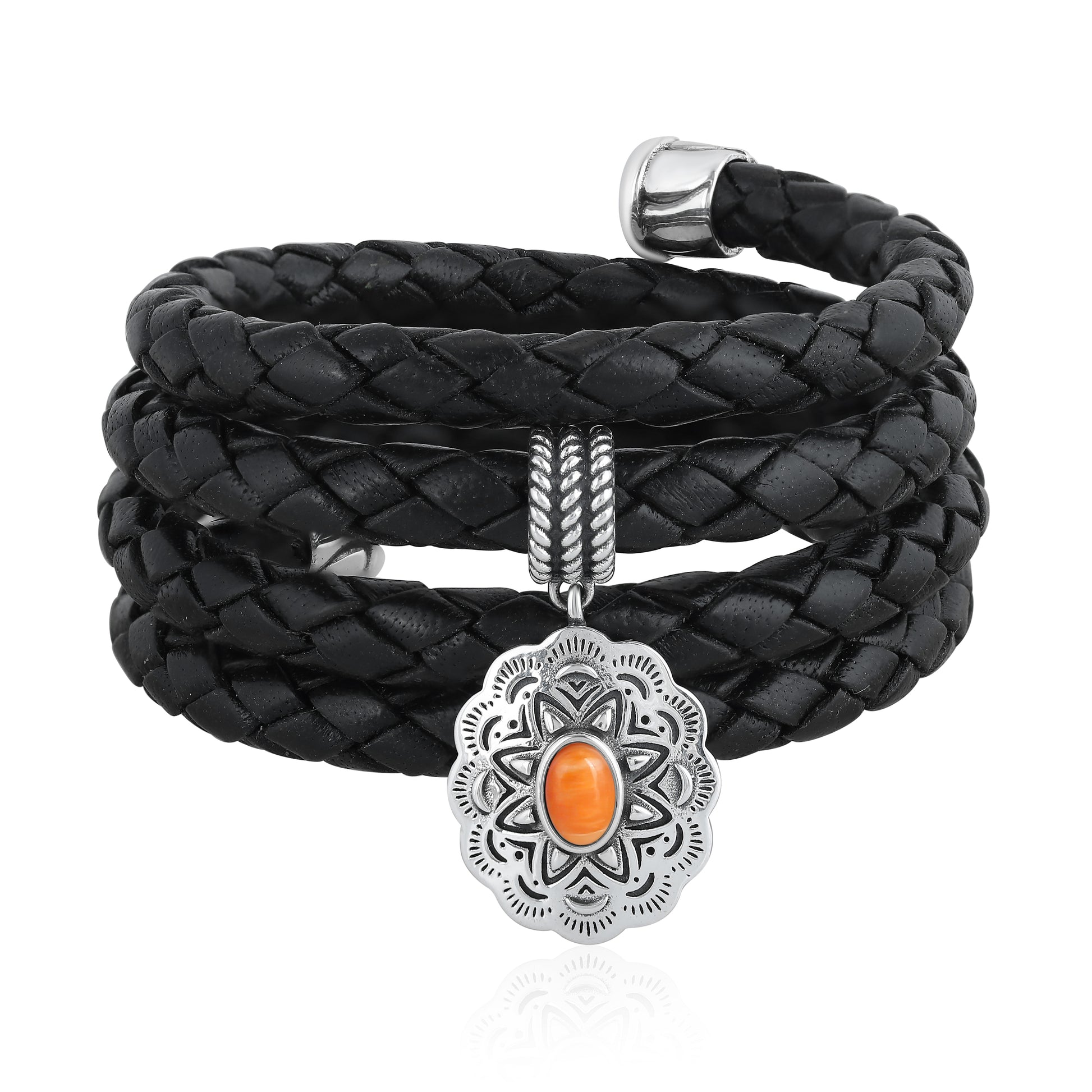 Sterling Silver Orange Spiny Oyster Concha Braided Leather Wrap Bracelet, One Size Fits Most