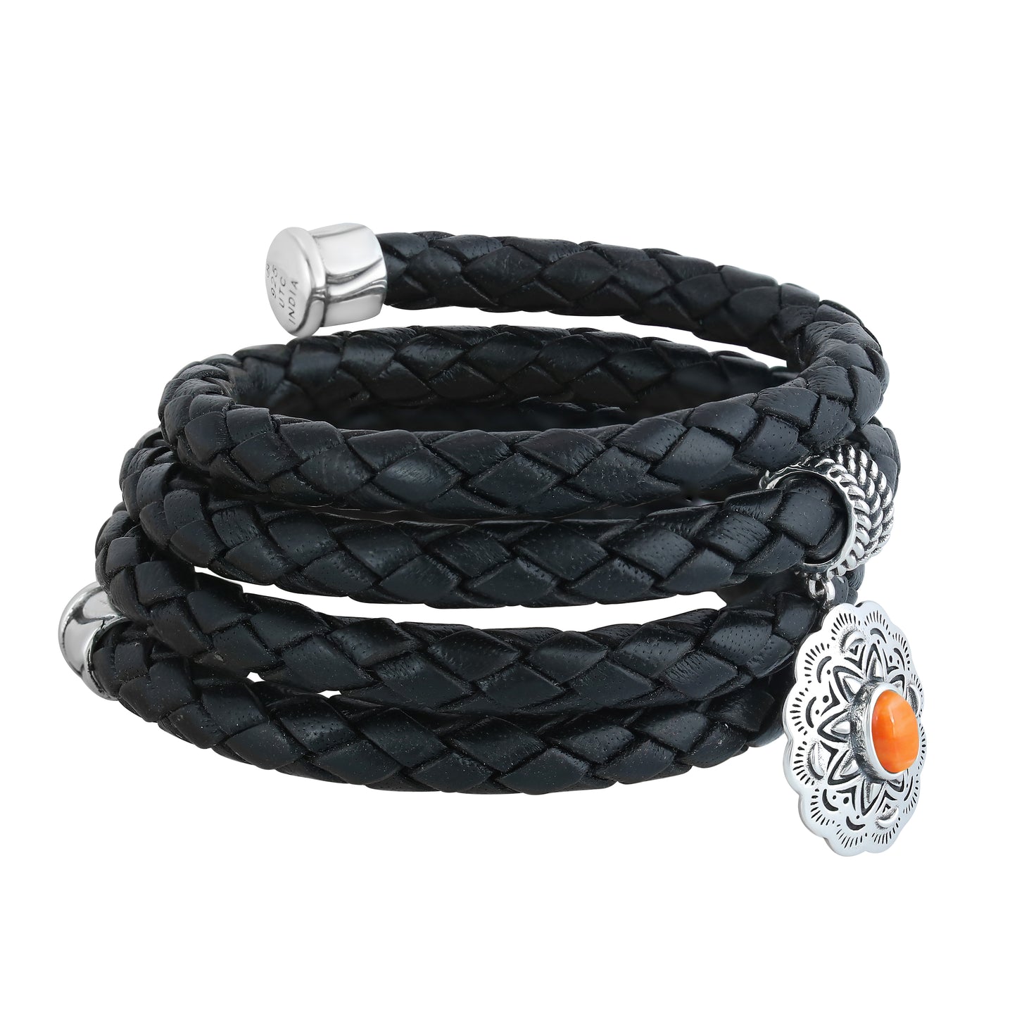 Sterling Silver Orange Spiny Oyster Concha Braided Leather Wrap Bracelet, One Size Fits Most