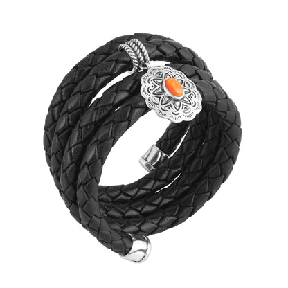 Sterling Silver Orange Spiny Oyster Concha Braided Leather Wrap Bracelet, One Size Fits Most