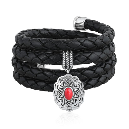 Sterling Silver Red Coral Concha Braided Leather Wrap Bracelet, One Size Fits Most