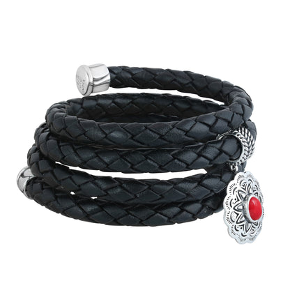 Sterling Silver Red Coral Concha Braided Leather Wrap Bracelet, One Size Fits Most