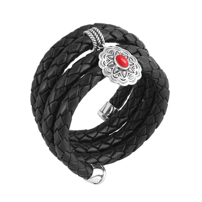 Sterling Silver Red Coral Concha Braided Leather Wrap Bracelet, One Size Fits Most