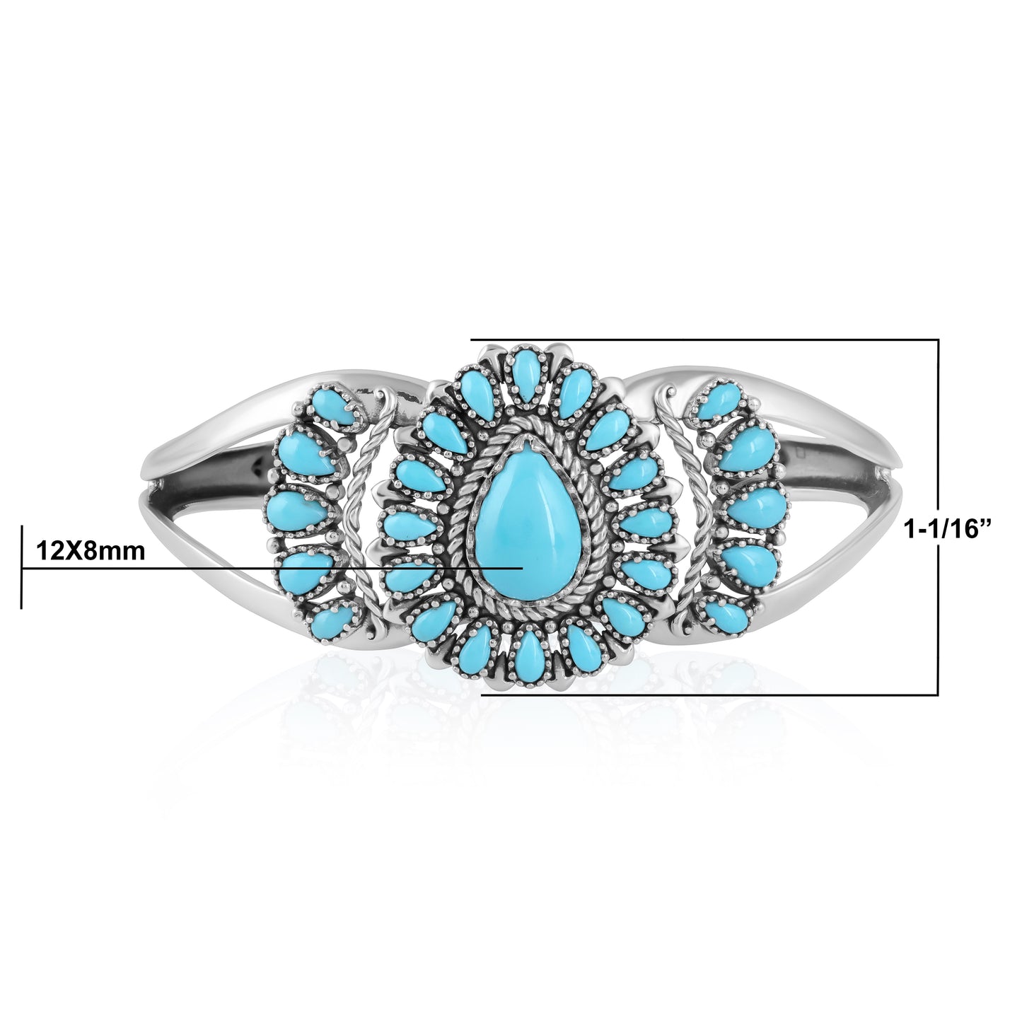 LIMITED EDITION! Sterling Silver Sleeping Beauty Turquoise Pear Cluster Cuff Bracelet, Sizes Small to Large