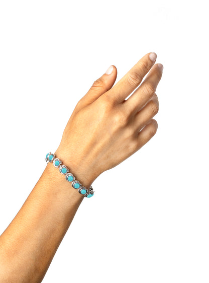 LIMITED EDITION! Sterling Silver Kingman Turquoise Round Cabochon Tennis Bracelet, Sizes Small to Large