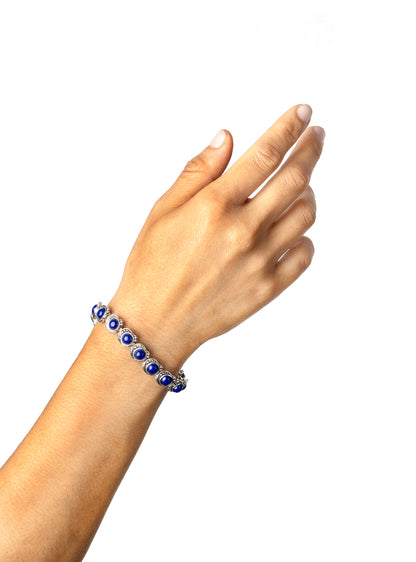 Sterling Silver Lapis Round Cabochon Tennis Bracelet, Sizes Small to Large