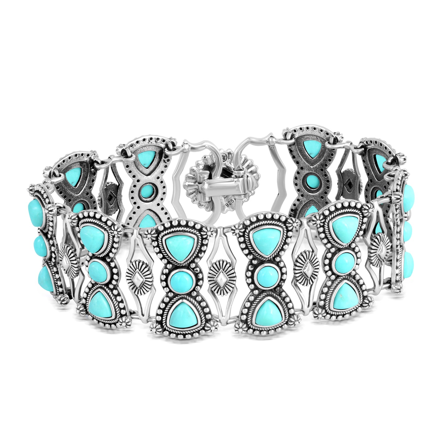 EXCLUSIVELY OURS! Sterling Silver Kingman Turquoise Round and Trillion Cut Link Bracelet, Sizes Small to Large