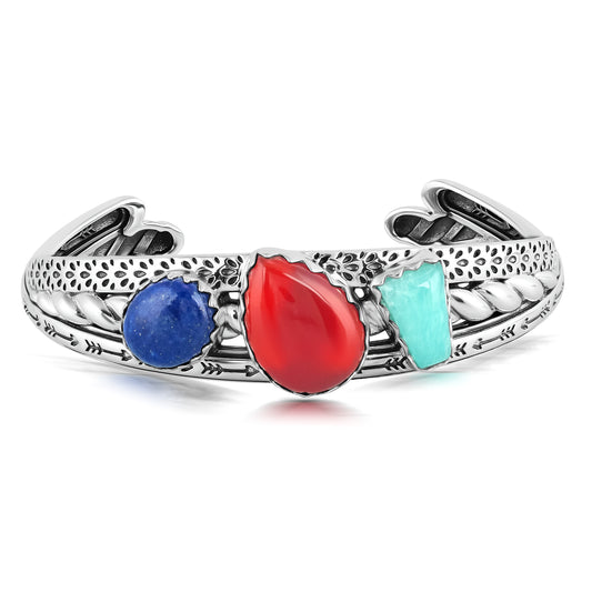 Sterling Silver Red Onyx, Amazonite and Lapis 3 Row Twist Cuff, Sizes Small to Large