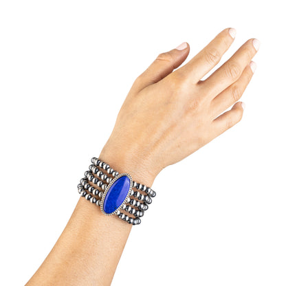 Sterling Silver Lapis Oval Cut Beaded Toggle Bracelet, Sizes Small to Large