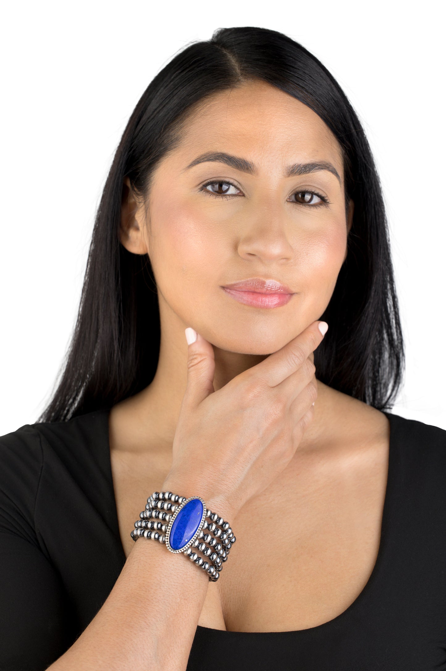 Sterling Silver Lapis Oval Cut Beaded Toggle Bracelet, Sizes Small to Large