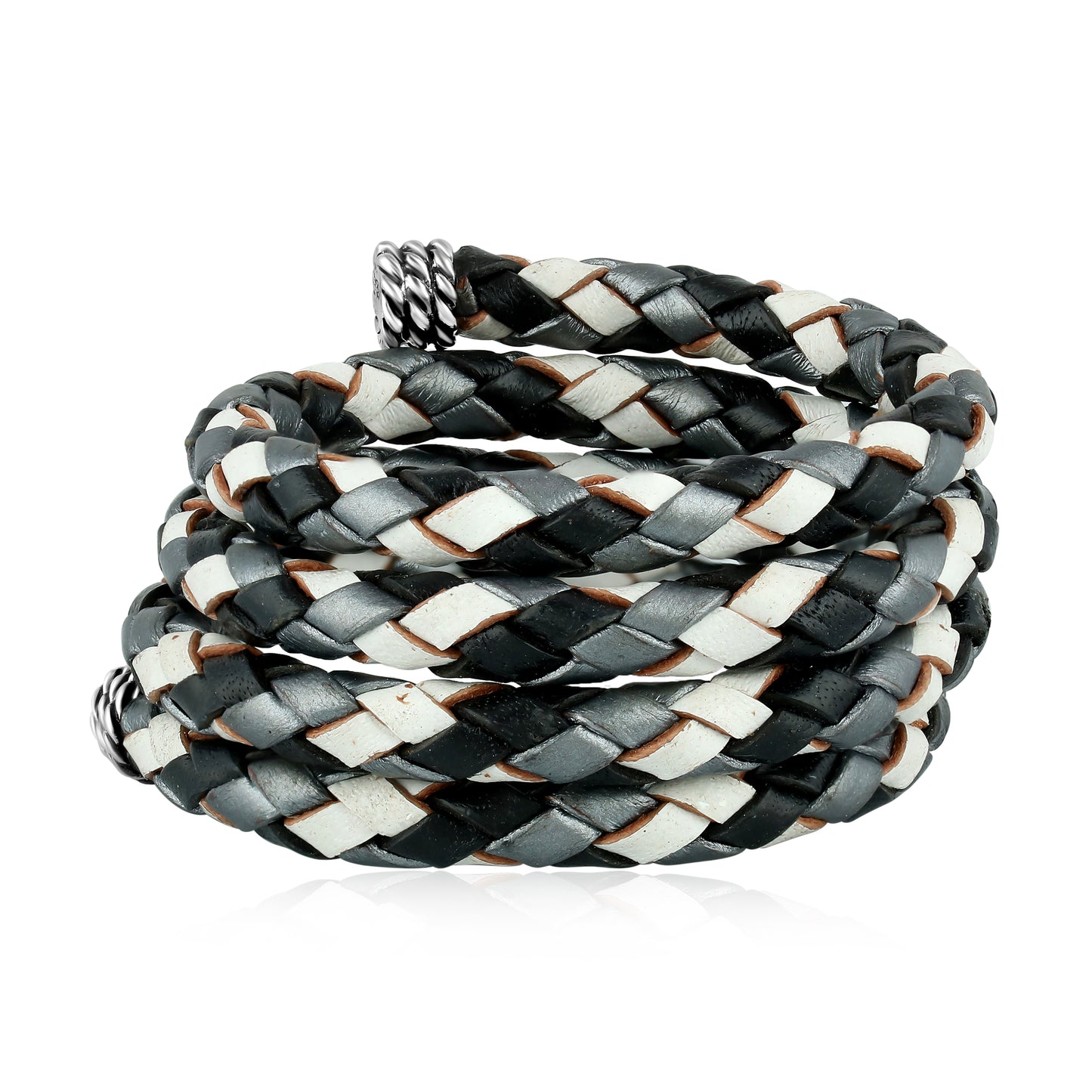 Sterling Silver Multi-Color Braided Black, White and Gray Leather Coil Wrap Bracelet, 34 Inches