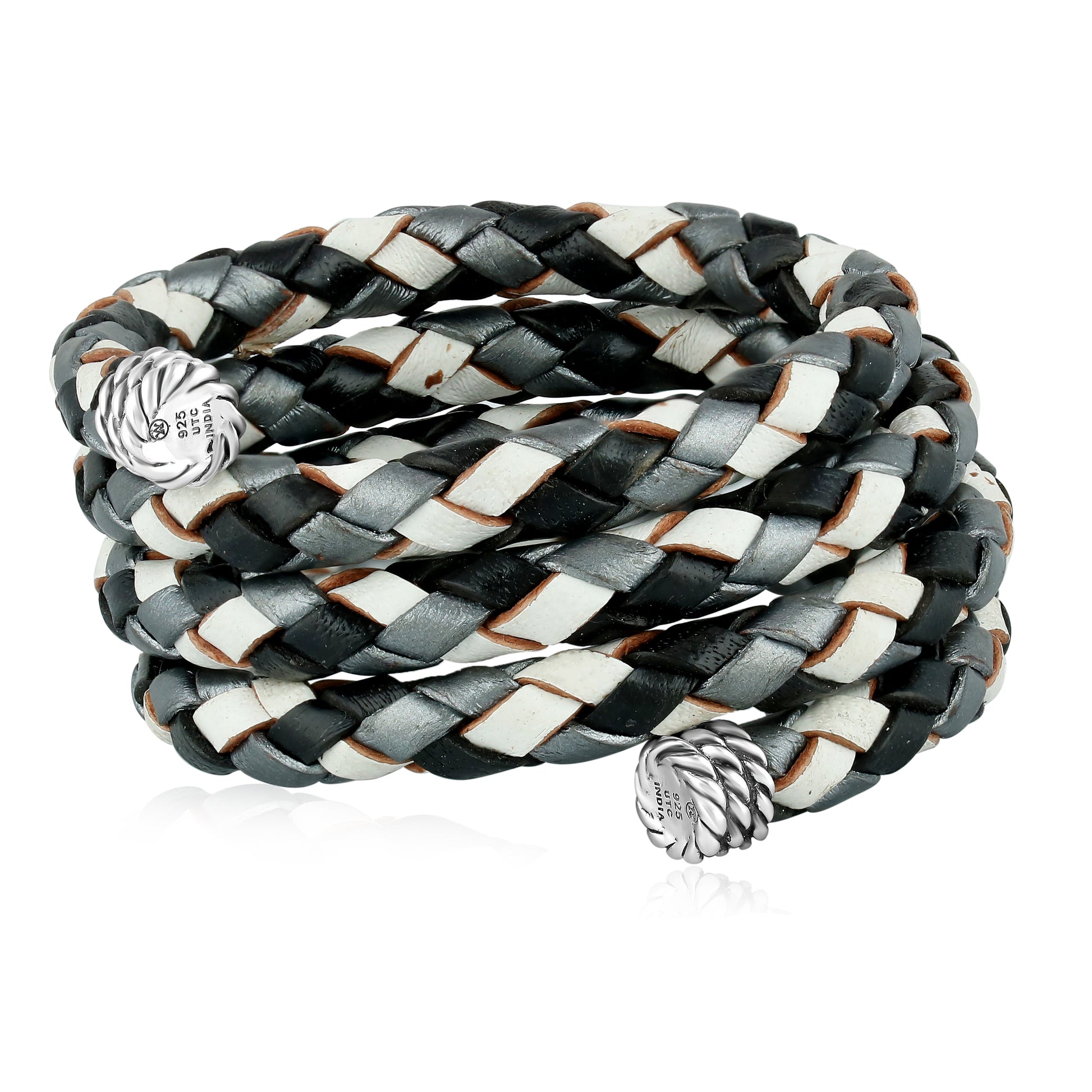 Sterling Silver Multi-Color Braided Black, White and Gray Leather Coil Wrap Bracelet, 24 Inches 