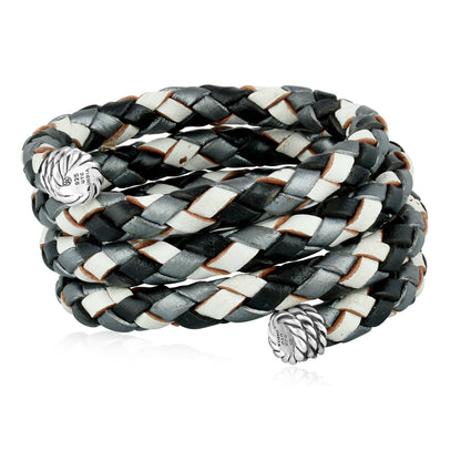 Sterling Silver Multi-Color Braided Black, White and Gray Leather Coil Wrap Bracelet, 34 Inches