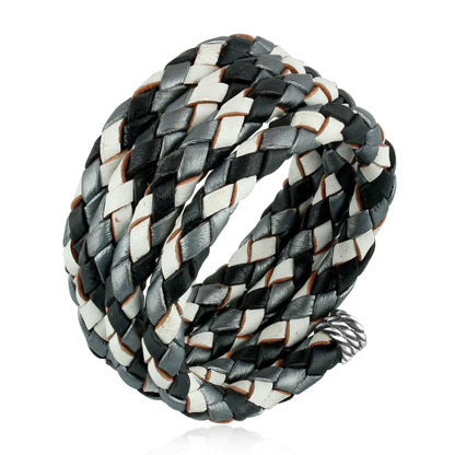 Sterling Silver Multi-Color Braided Black, White and Gray Leather Coil Wrap Bracelet, 34 Inches