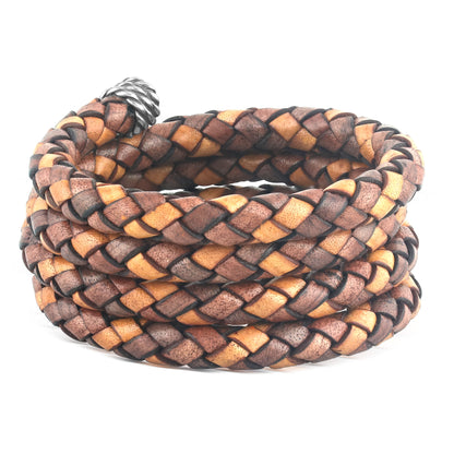 Sterling Silver Multi-Color Braided Brown Leather Coil Wrap Bracelet, 34 Inches