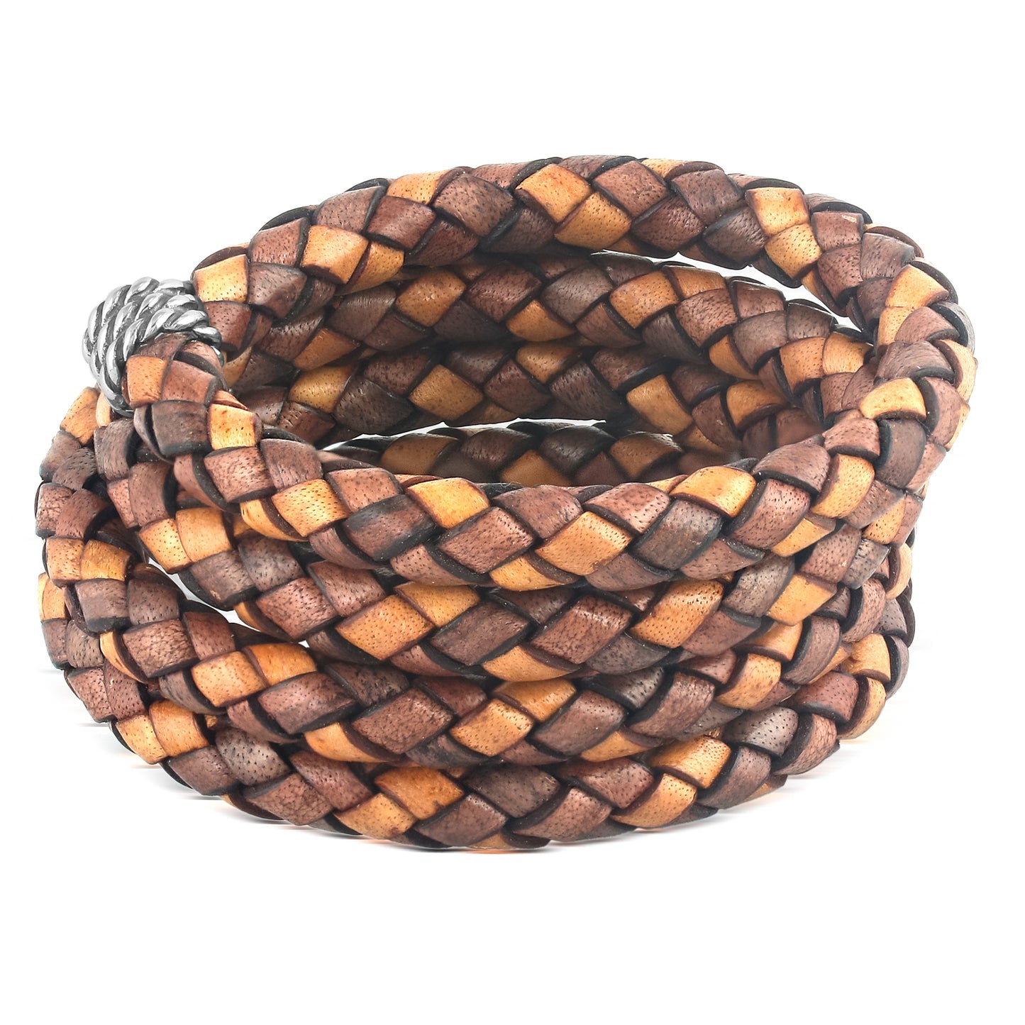 Sterling Silver Multi-Color Braided Brown Leather Coil Wrap Bracelet, 34 Inches