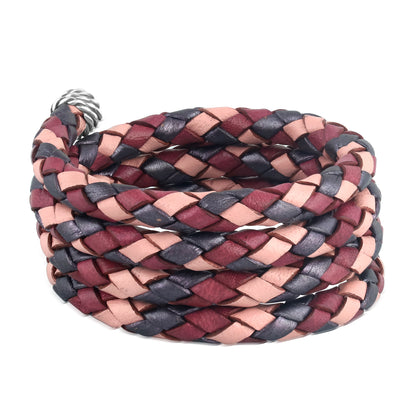 Sterling Silver Multi-Color Braided Pink, Maroon and Berry Leather Coil Wrap Bracelet, 34 Inches