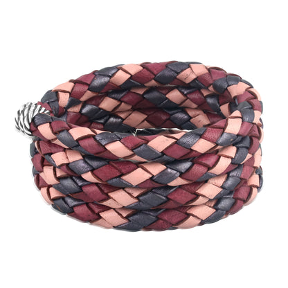 Sterling Silver Multi-Color Braided Pink, Maroon and Berry Leather Coil Wrap Bracelet, 34 Inches