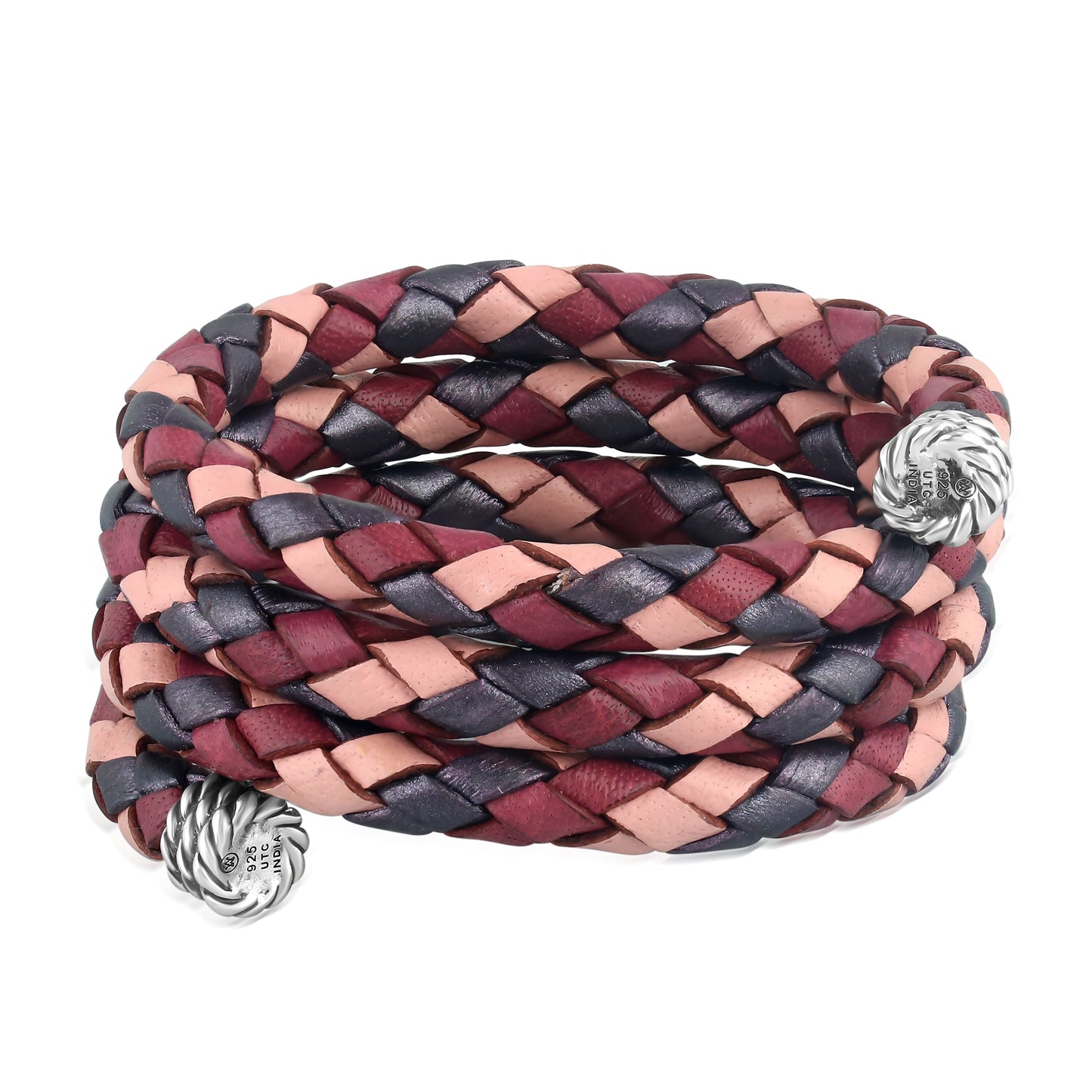 Sterling Silver Multi-Color Braided Pink, Maroon and Berry Leather Coil Wrap Bracelet, 24 Inches 