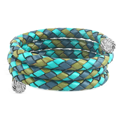 Sterling Silver Multi-Color Braided Blue, Turquoise and Lime Leather Coil Wrap Bracelet, 24 Inches 